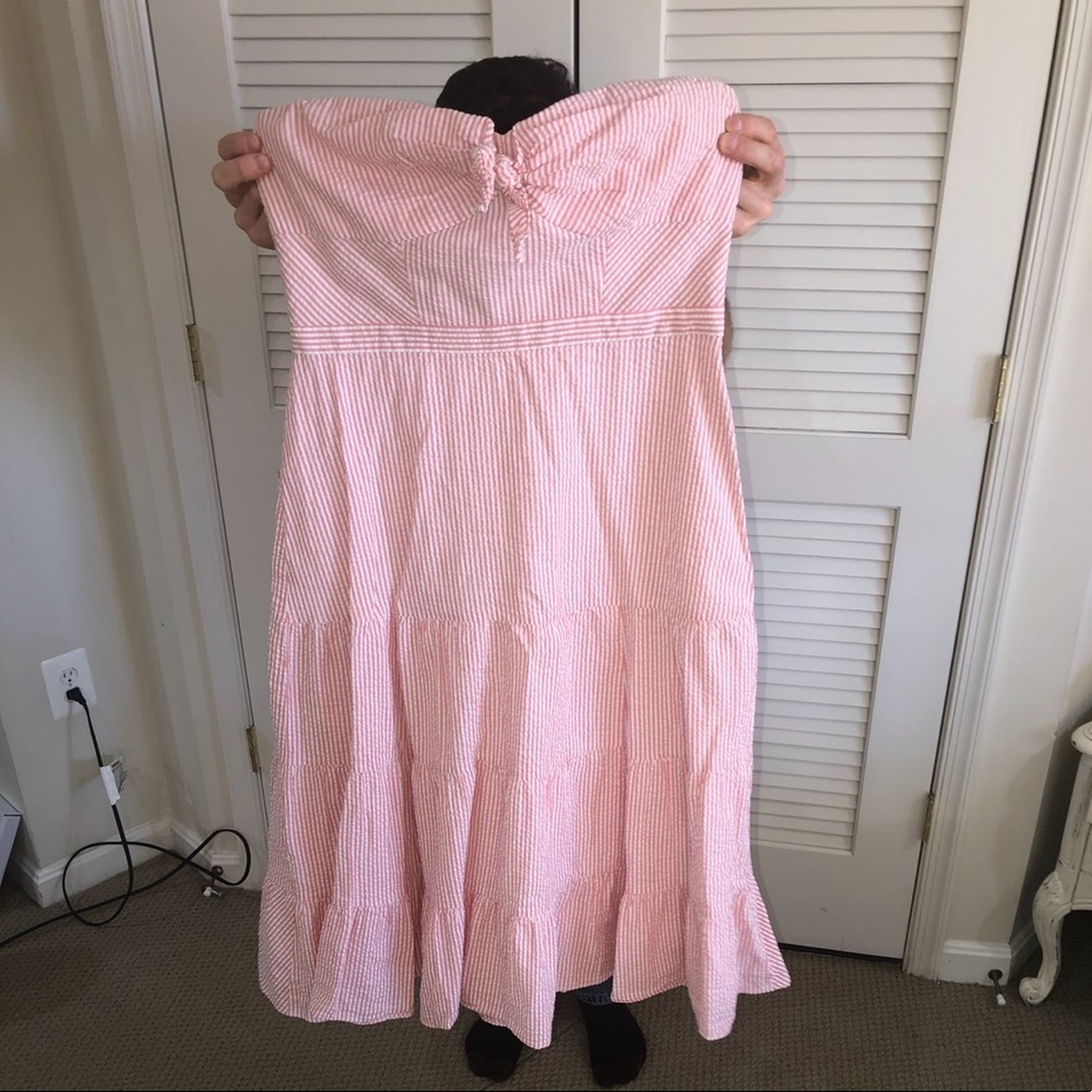 JCREW summer seersucker pink and white striped summer strapless dress